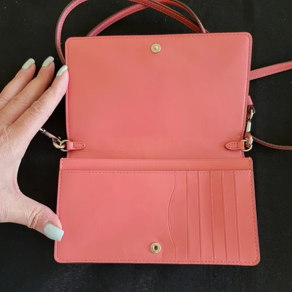 Coach Coral Pink Foldover Small Crossbody Purse Bag Clutch WOC - Picture 9 of 14